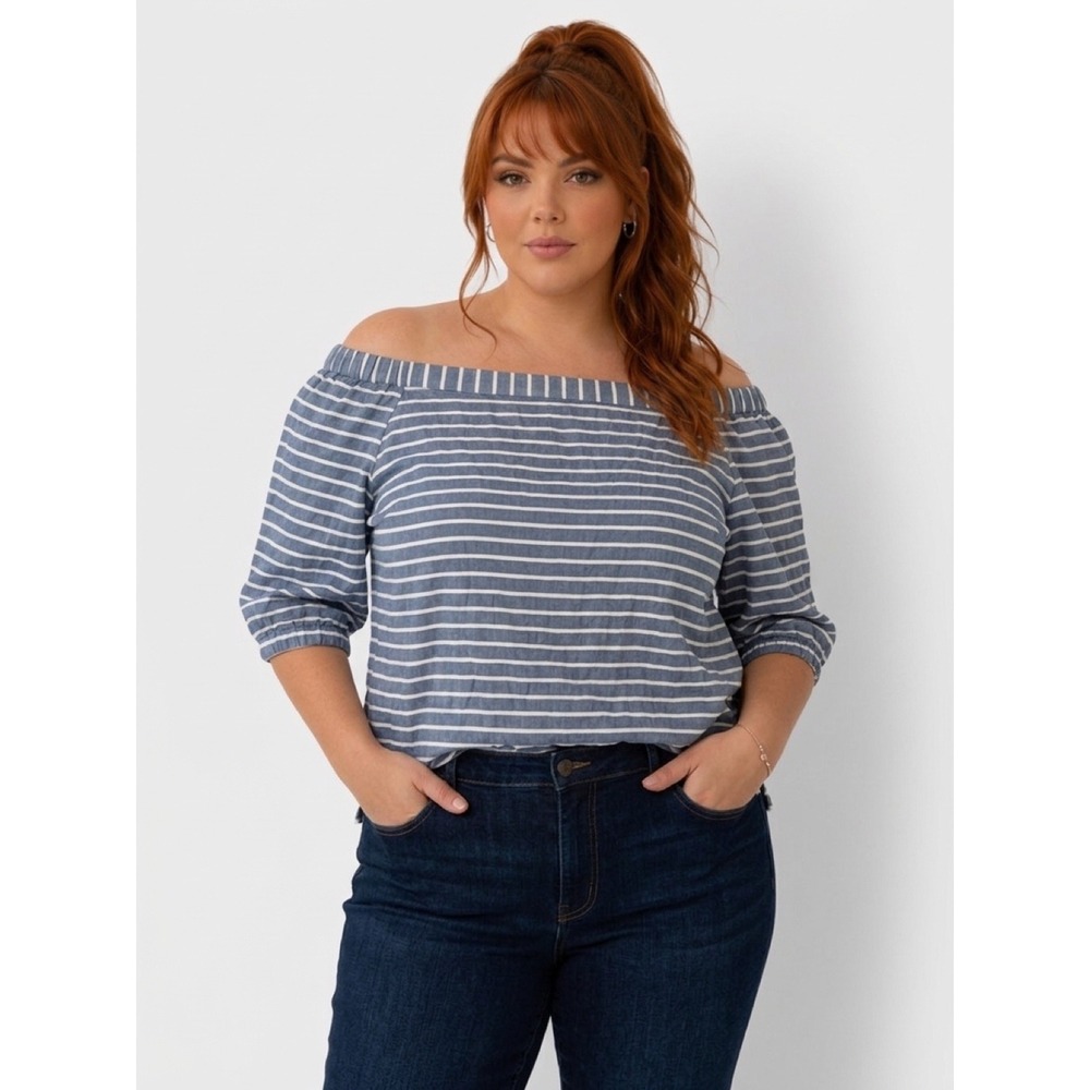 Women's Ralph Lauren Blue & White Striped Off Shoulder Linen Cotton Top XL EUC